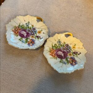 2 Vintage Viceroy China Pin Dish Trinket Tray Floral, Maple leaf gold rim